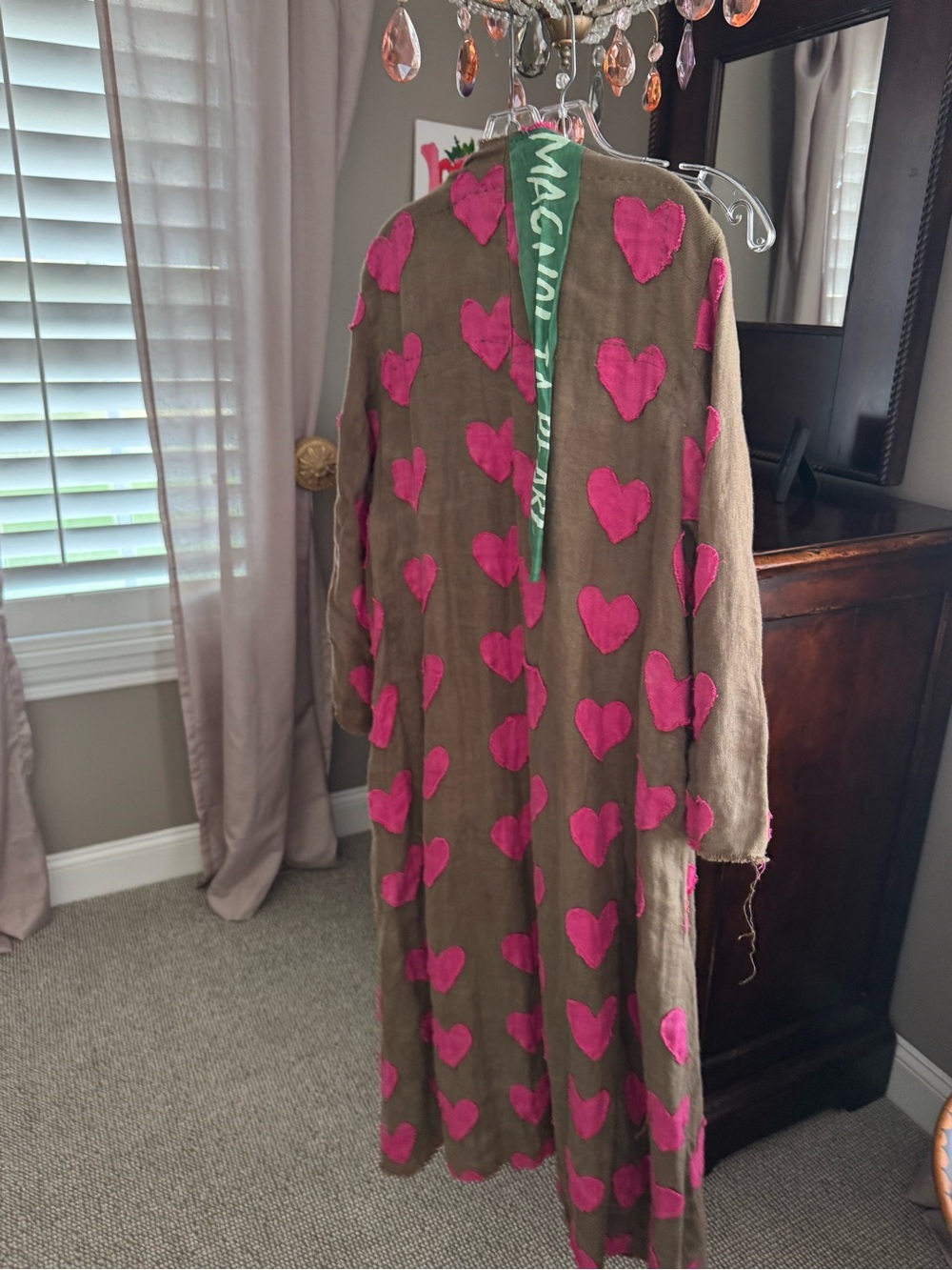 Magnolia Pearl Brown Trench Coat with Pink Heart Appliqués